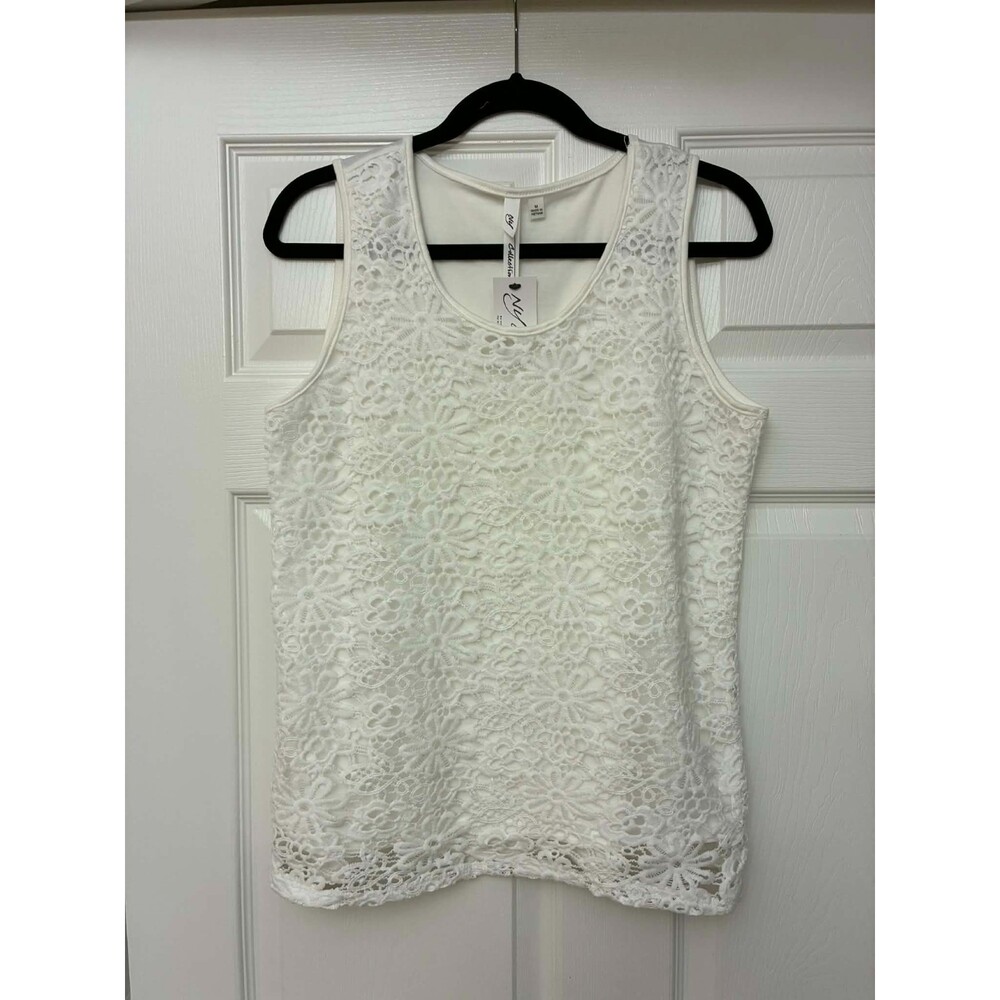 NY Collection Women's Medium White Floral Lace Sleeveless Top NWT